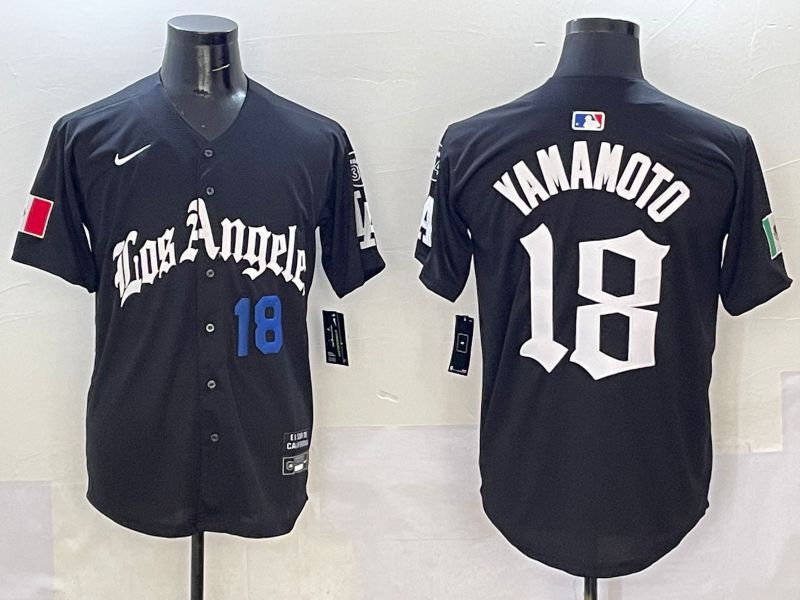 Men Los Angeles Dodgers 18 Yamamoto Black Five generations Joint Name 2025 Nike MLB Jersey style 3